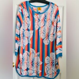 RUBY RD. SWEATER WOMEN'S SIZE XL STRIPLE HIBISCUS FLORAL 3/4 SLEEVES  KNIT PS298